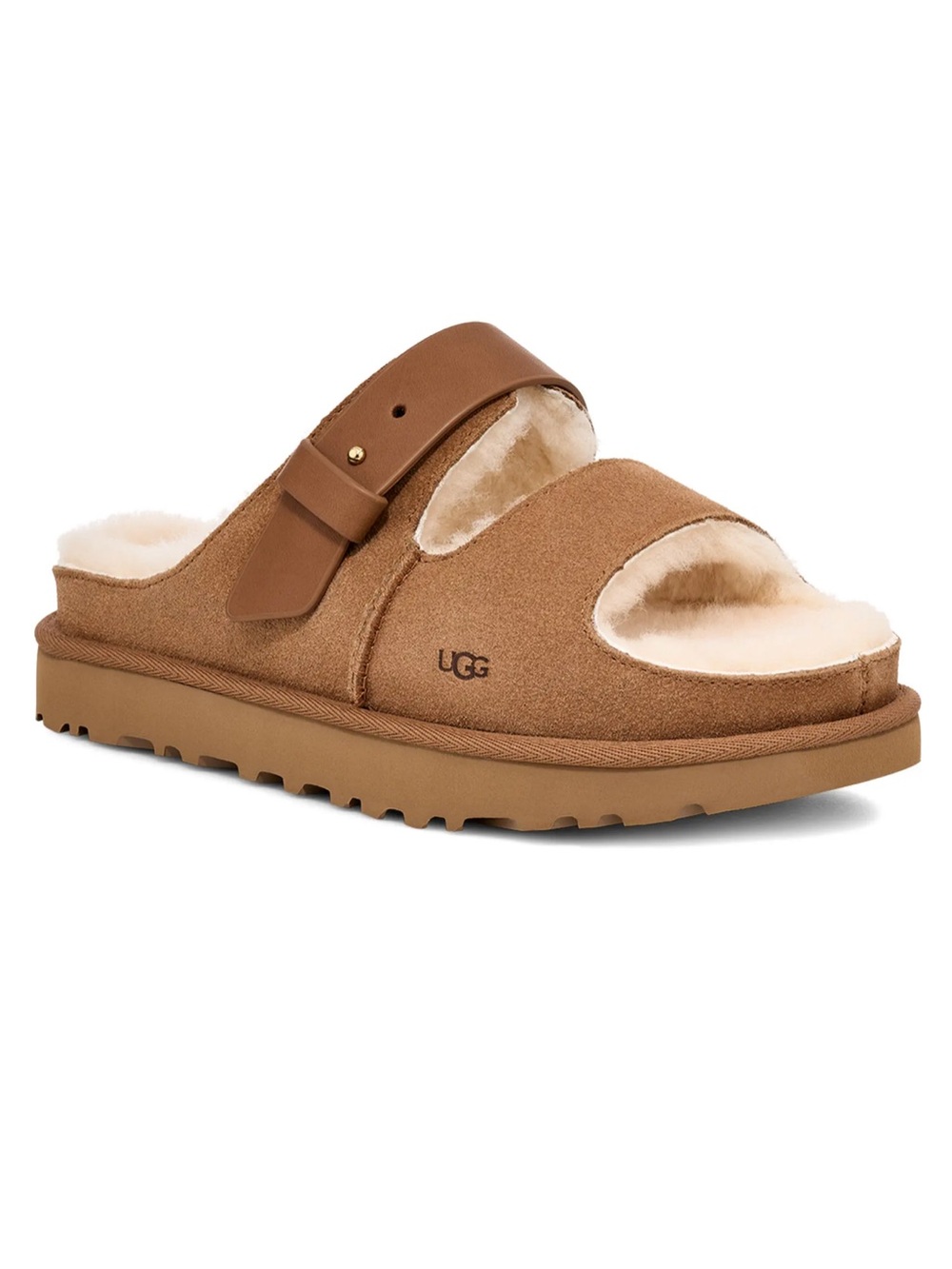 NWOT UGG Greenport Strap Slide Chestnut Suede Double-Band Shearling